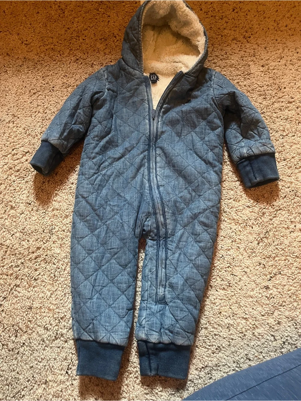 GAP Quilted Denim Hooded One-Piece in Blue with Cream Lining NWOT